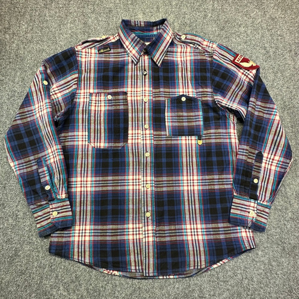 Akademiks Plaid Button Up Shirt Mens XL Blue Red Long Sleeve Epaulettes‎